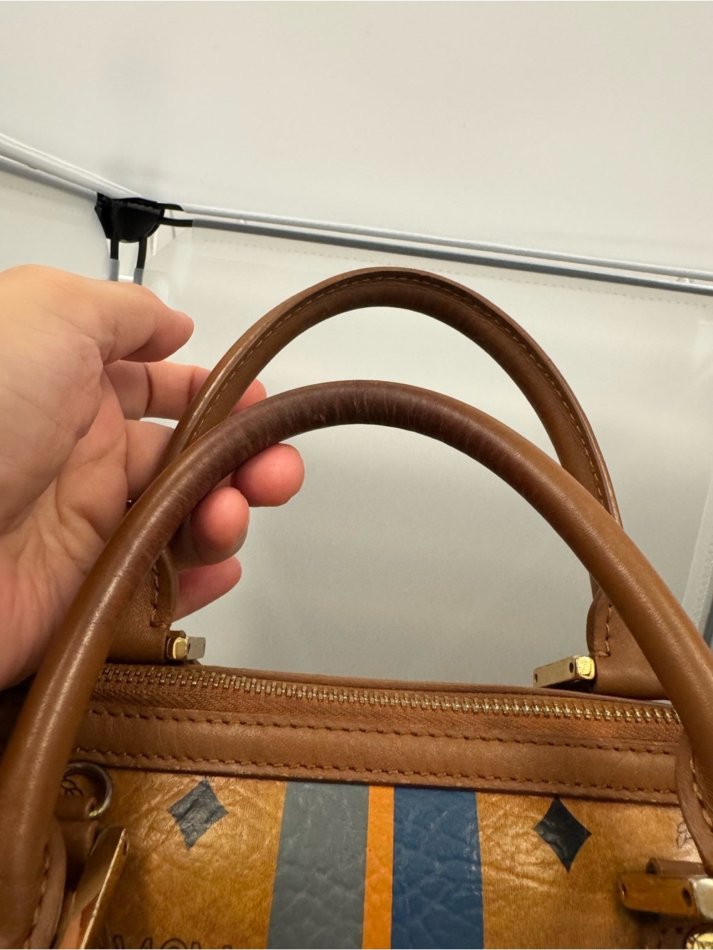 MCM Cognac Visetos Bowling Bag with Navy and Gold Stripe - Picture 12 of 15